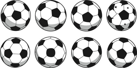Eight black and white soccer balls in a grid pattern arrangement