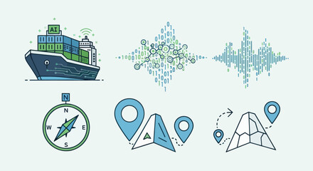 Digital Navigation and Logistics Icons: Ship Compass and Location Markers.
