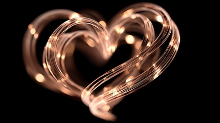 Glowing heart formed by warm golden light trails on black background, symbolizing love, care, and tenderness in a romantic atmosphere