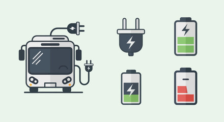 Electric Bus Charging with Plugs and Battery Icons.