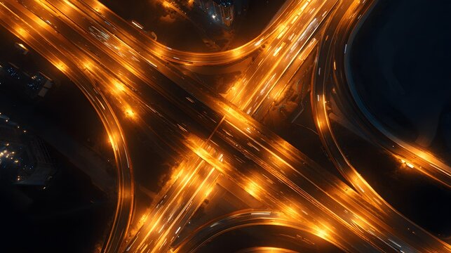 Aerial View of a Busy Highway Interchange at Night with Glowing Orange Lights.