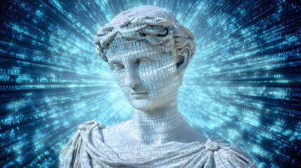Ancient Greek Statue with Digital Matrix Overlay and Cosmic Background.