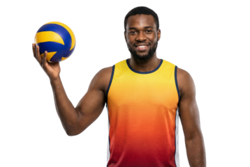 Smiling Black Man in Orange Sports Jersey Holding Blue Yellow Volleyball