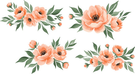 Four peach colored flower arrangements with green leaves on white background