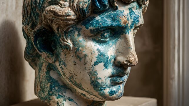 Ancient Roman Marble Bust with Patina and Blue Accents.