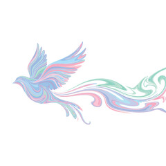 Graceful Dove in Flight with Swirling Pastel Tail.