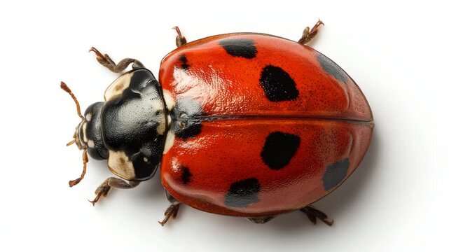 A ladybug with red and black spots on its back isolated on white background
