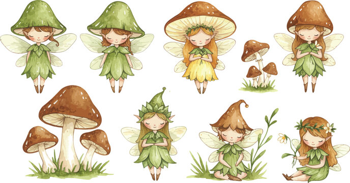 Whimsical illustration of mushroom fairies and fungi in a fantasy setting
