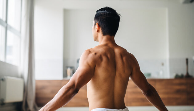 真っ直ぐに立つ男性の背中と整った姿勢、左右に広いコピースペースがある姿勢改善の背景素材