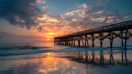 Obraz premium Beautiful Sunrise Over the Ocean with a Pier.