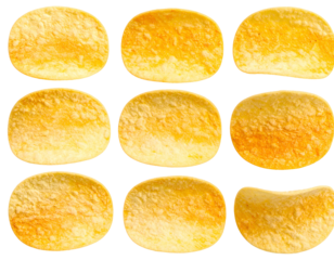 Rows of golden, thin, textured potato crisps arranged geometrically