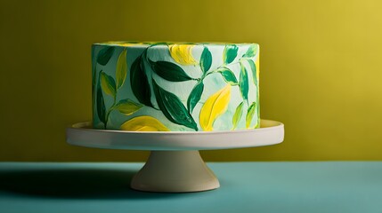 Beautifully Decorated Cake with Leafy Design on Cake Stand.