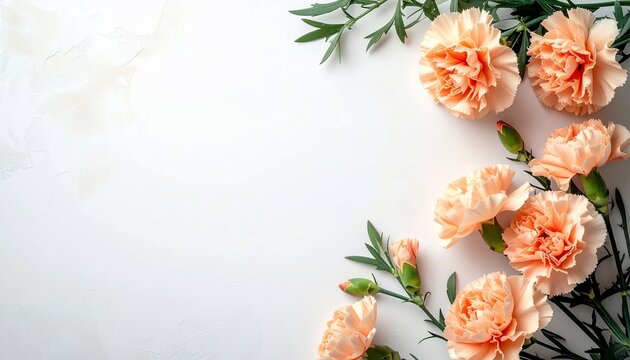 Peach carnations with green leaves form a decorative floral border on a white textured background