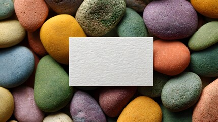 Blank White Card Placed on Colorful Smooth Stones Background.