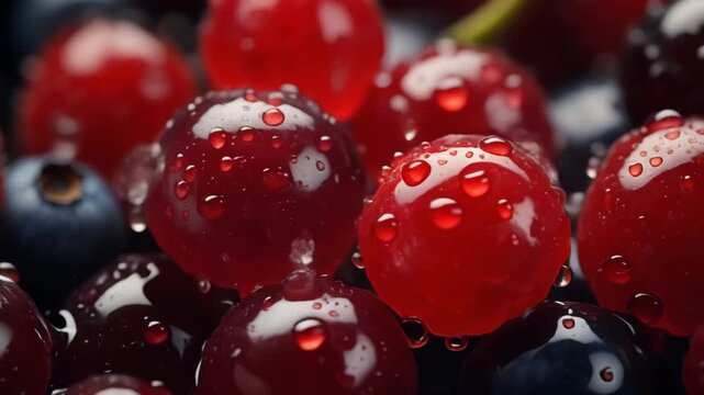 Close Up Fresh Red Cranberries and Blueberries with Water Droplets