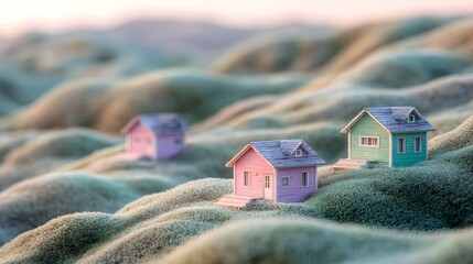 Charming Miniature Houses Nestled on Rolling Textured Hills.