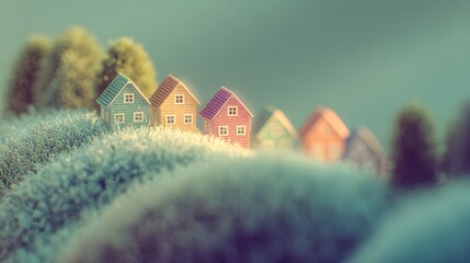 Charming Row of Miniature Houses on a Lush Green Hillside.