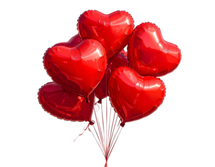Shiny red heart-shaped balloons clustered together
