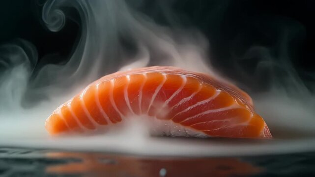 Close Up Salmon Piece with Orange Hue Smoke and Black Background