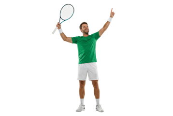 Smiling Male Tennis Player in Green Shirt Celebrating Victory with Racket