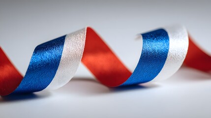 Close up of a red white and blue ribbon curled on a white background.