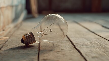 Close up of a single incandescent light bulb lying on a wooden surface.