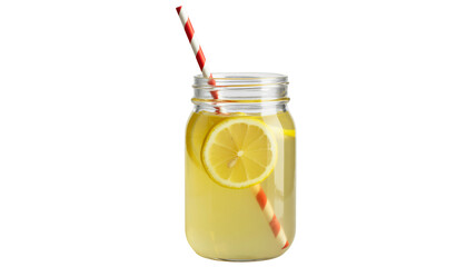 Fresh Lemonade in Mason Jar with Red and White Straw in Bright Natural Lighting for Summer Refreshment