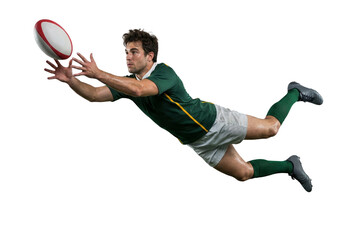 Rugby Player Diving to Catch Ball Isolated on White
