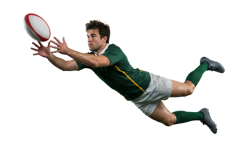 Rugby Player Diving to Catch Ball Isolated on White