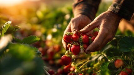 Close up of hands harvesting ripe strawberries at sunset.