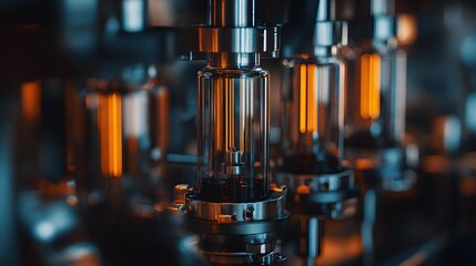 Close up of industrial machinery with glowing orange lights.