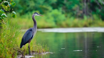 Majestic great blue heron standing patiently at the grassy edge of a calm green pond waiting for unsuspecting fish to swim by