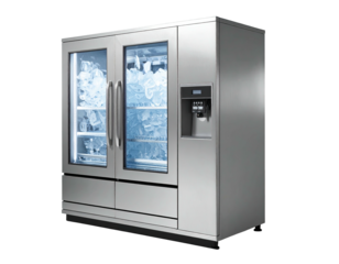 Steel fridge, see-through doors, ice, cold water dispenser