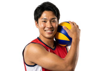 Happy Asian Male Volleyball Player Holding Ball on White Background