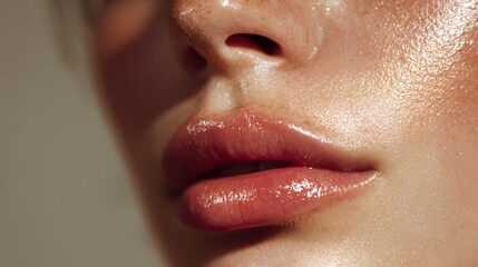 Close-up Macro Shot of a Womans Dewy Lips with Glossy Finish.