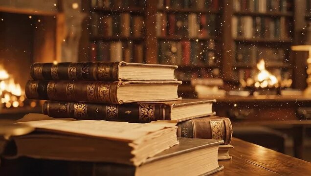 Dust motes dance in the warm light of a cozy library, illuminating stacks of old books.