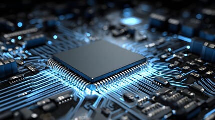 Close-up of a glowing blue computer processor chip on a circuit board.