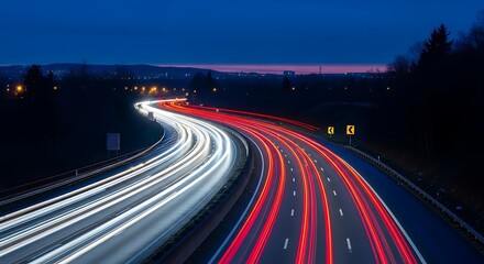 Highway traffic trails at dusk long exposure motion blur illuminated road