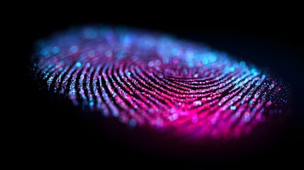 Close-up of a glowing fingerprint illuminated with vibrant pink and blue light on a dark background.