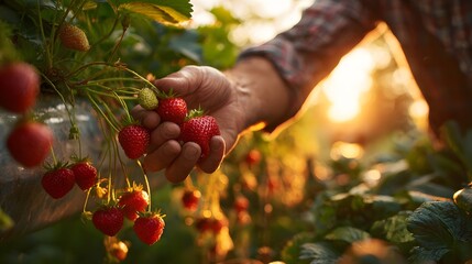 Close-up of a hand harvesting ripe strawberries at sunset in a greenhouse.