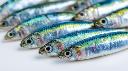 Close-up of a School of Fresh Sardines Lined Up on a White Surface.