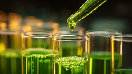 Close-up of a scientist adding a drop of green liquid to a test tube in a laboratory.