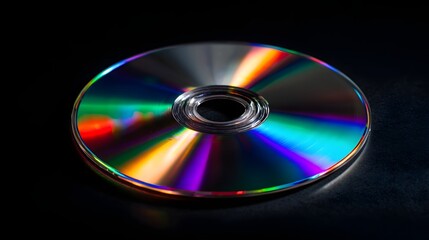 Close-up of a shiny CD disc reflecting rainbow colors on a black background.