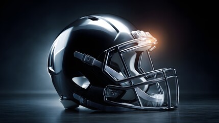 Fototapeta premium Close-up of a sleek black American football helmet with a reflective surface and dramatic lighting.