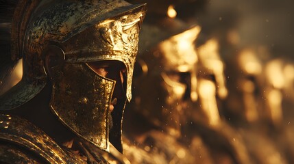 Close-up of a Spartan Warrior in Golden Armor Ready for Battle.