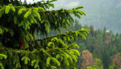 Lush green pine tree branch in misty mountain forest during rain