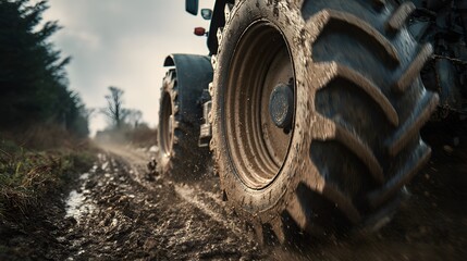 Close-up of a tractor tire driving through muddy terrain.