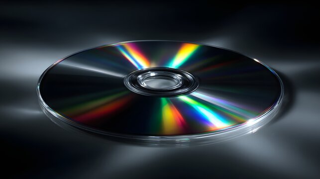 Close-up of a shiny CD disc reflecting rainbow colors on a dark background.