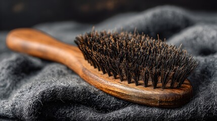 Close-up of a wooden beard brush with natural bristles resting on a textured gray fabric.