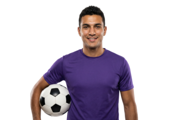 Smiling Male Soccer Player in Purple Shirt Holding Soccer Ball on White Background